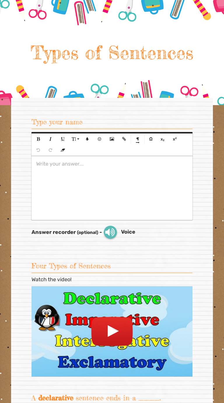 Declarative, imperative, exclamatory, and interrogative. Types Of Sentences Interactive Worksheet By Amy Whitacre Wizer Me