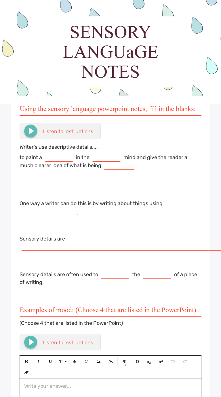 Sight, sound, smell , touch, taste. Sensory Language Notes Interactive Worksheet By Jamilah Bashir Wizer Me
