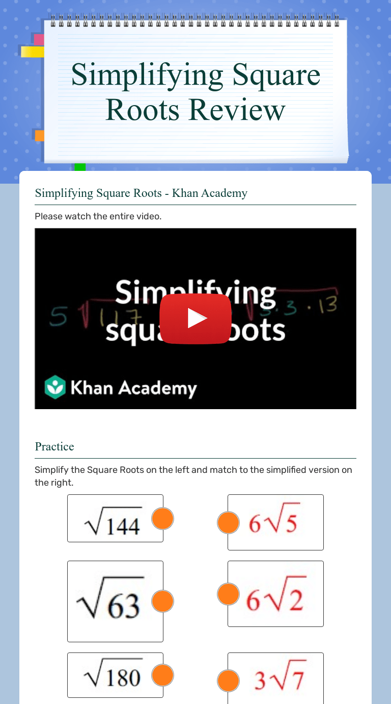 Use the product property to simplify square . Simplifying Square Roots Review Interactive Worksheet By Dora Gonzalez Wizer Me