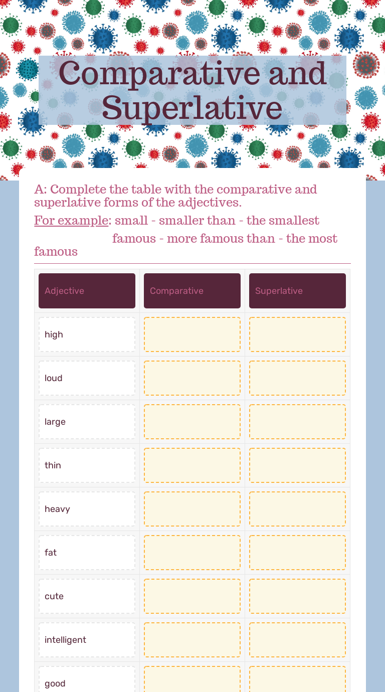 Comparative and Superlative | Interactive Worksheet by Ronit Freund |  Wizer.me