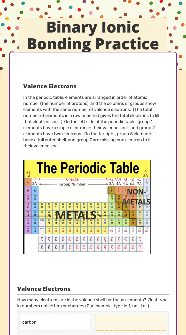 Binary Ionic Bonding Practice | Interactive Worksheet By Courtney Baines |  Wizer.me