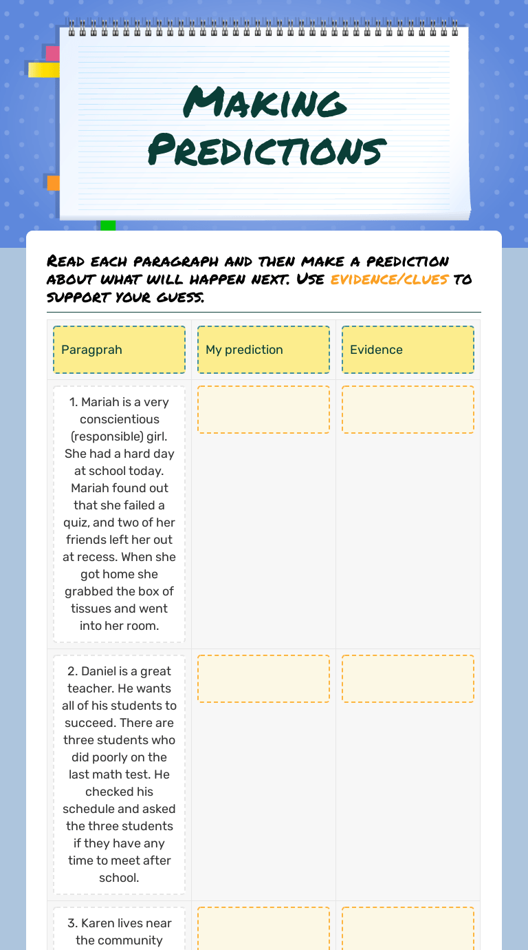 These tests require students to be fast and accurate with math facts in four operations by the time they reach the end of third. Making Predictions Interactive Worksheet By Daniel Noll Wizer Me