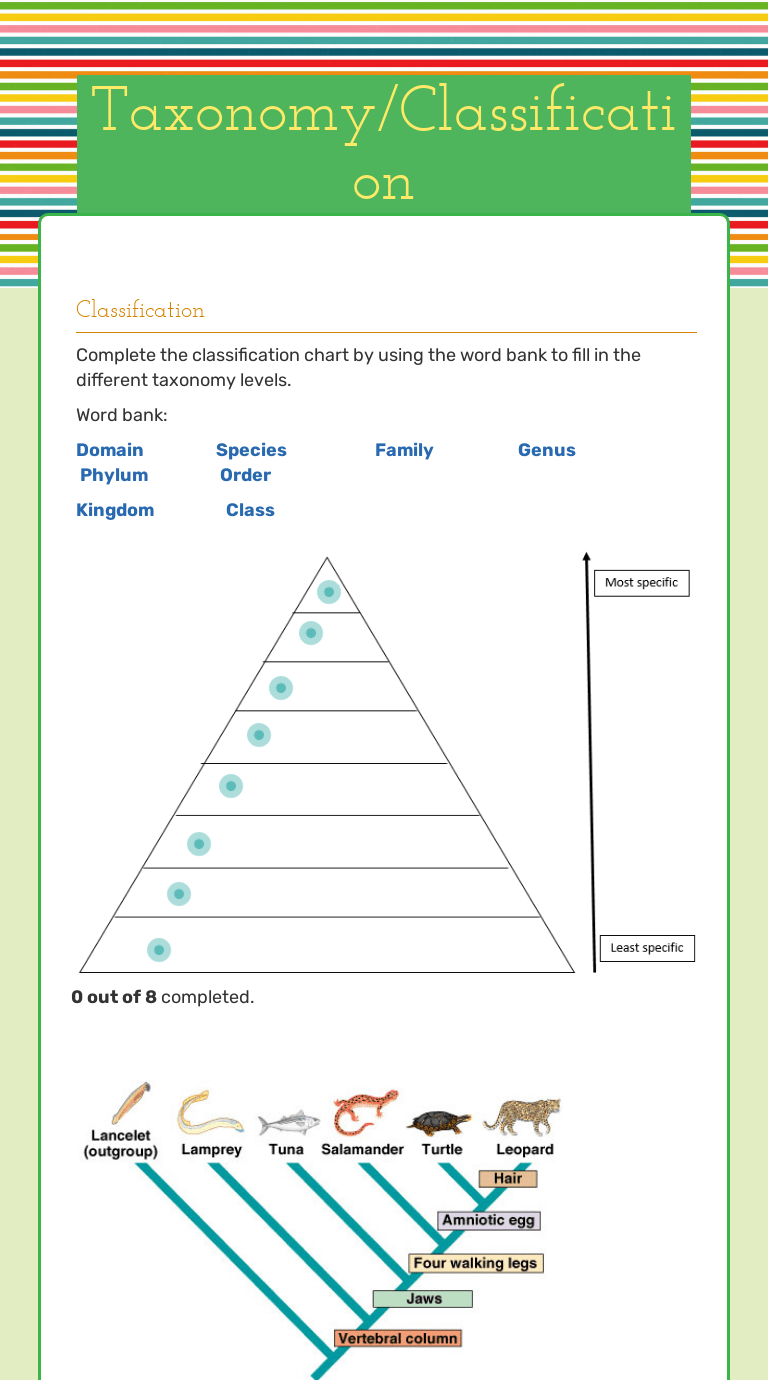 Students may have had some experience with classification activities in elementary school. Taxonomy Classification Interactive Worksheet By Lynette Baker Wizer Me