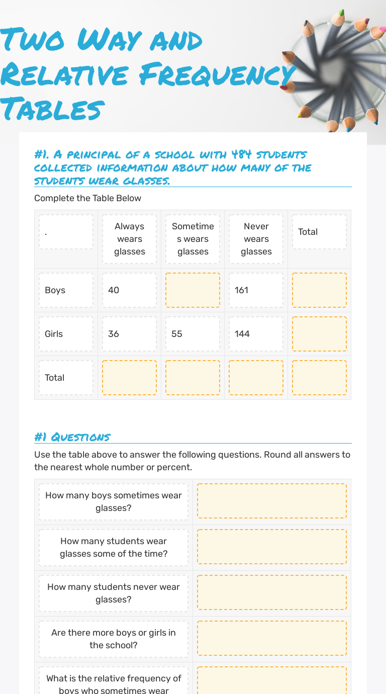 The table shows some information about these students. Two Way And Relative Frequency Tables Interactive Worksheet Wizer Me