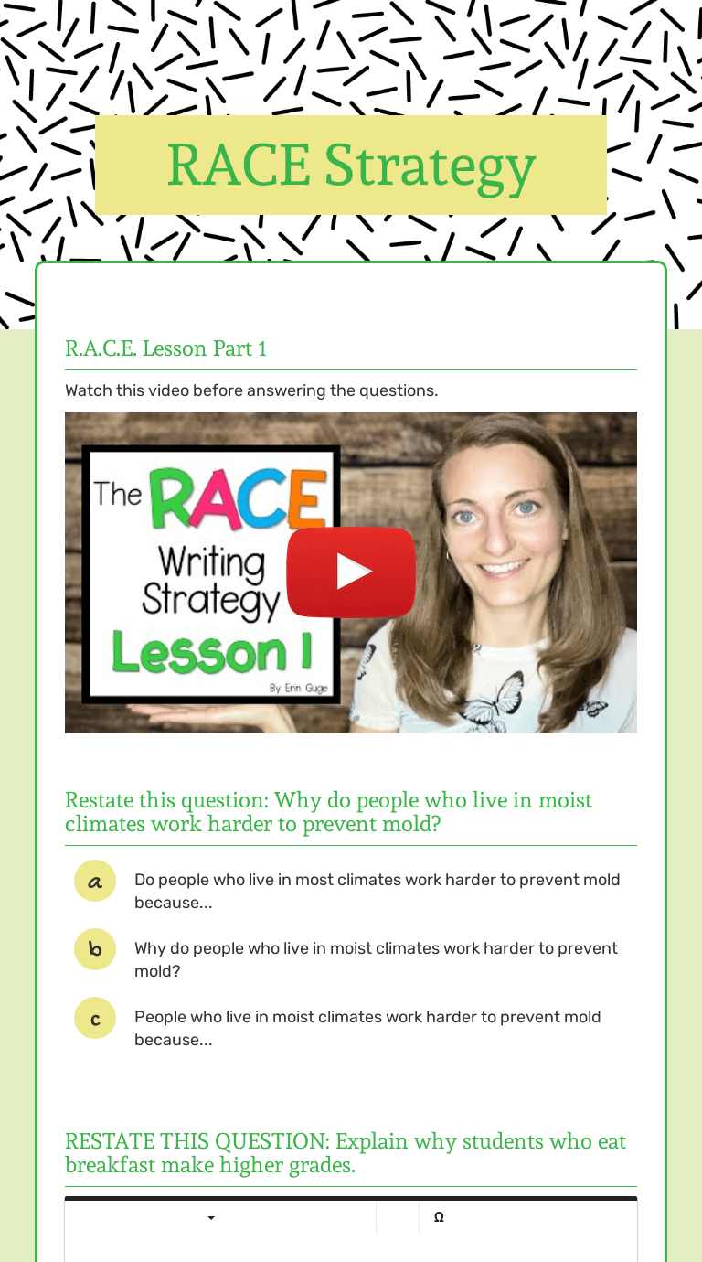 From enslavement and segregation to civil rights and black lives matter, these articles will help yo. Race Strategy Interactive Worksheet By Felicia Penrose Wizer Me