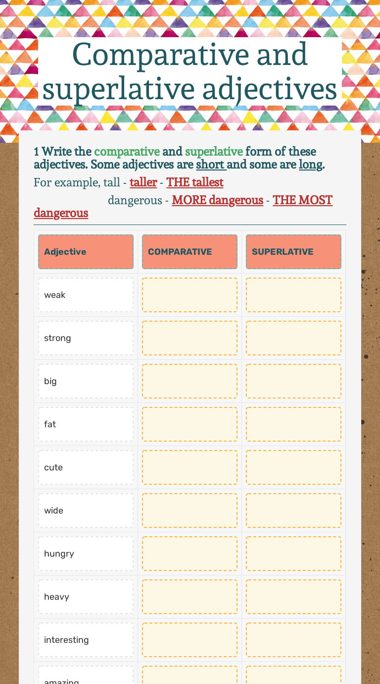 Comparative and superlative adjectives | Interactive Worksheet by נאוה ברכה  עדשה | Wizer.me