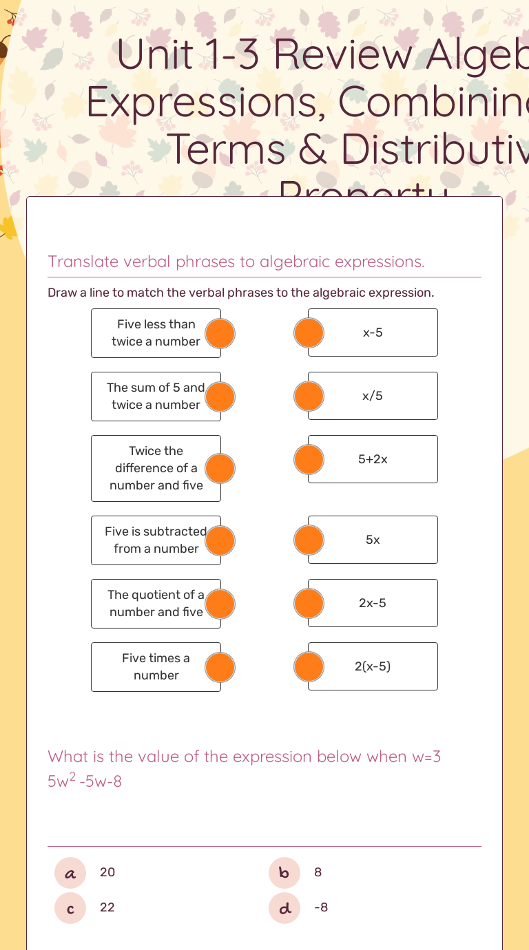 You may enter a message or special instruction that will appear on the bottom left corner of the algebraic expressions worksheet. Unit 1 3 Review Algebraic Expressions Combining Like Terms Distributive Property Interactive Worksheet By Bonita Roberts Wizer Me