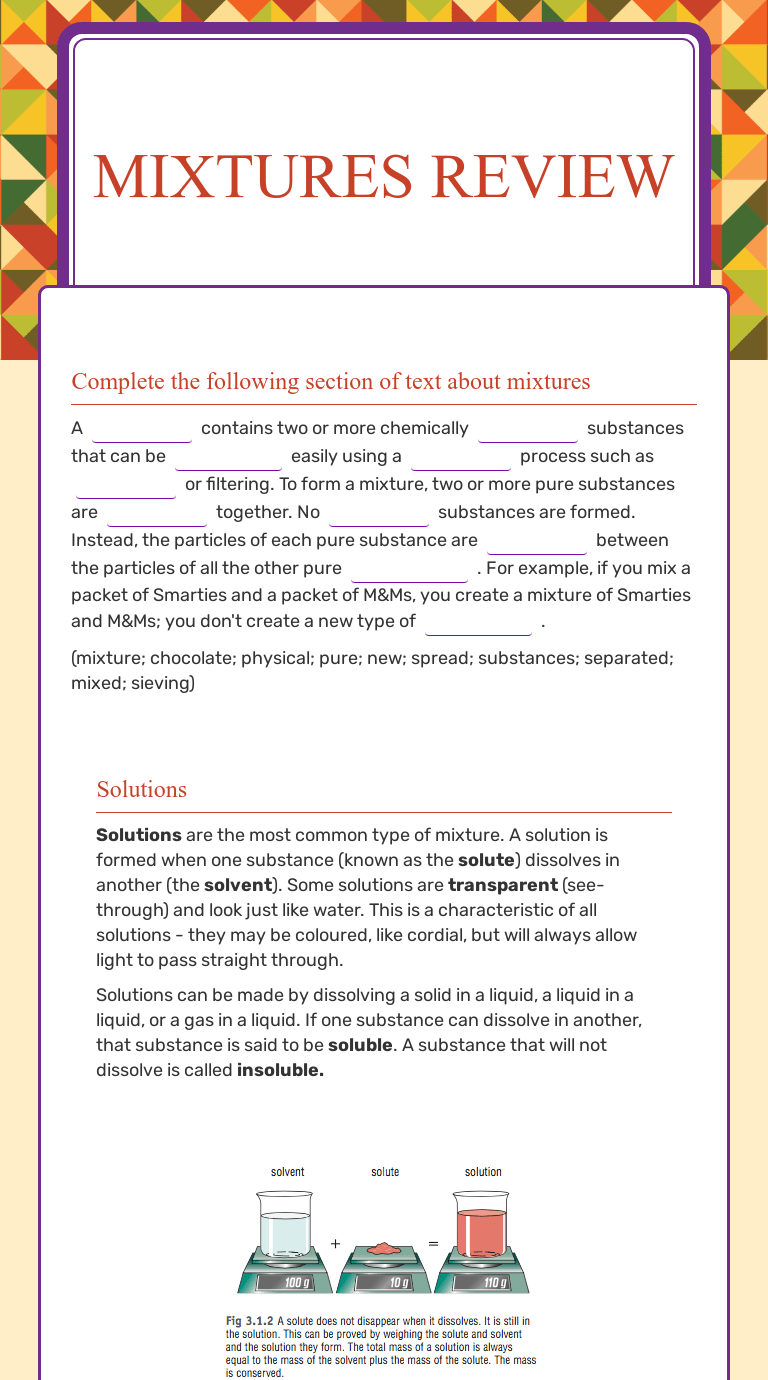 Rosanna put rubbing alcohol on . Mixtures Review Interactive Worksheet By Heidi Marlow Wizer Me
