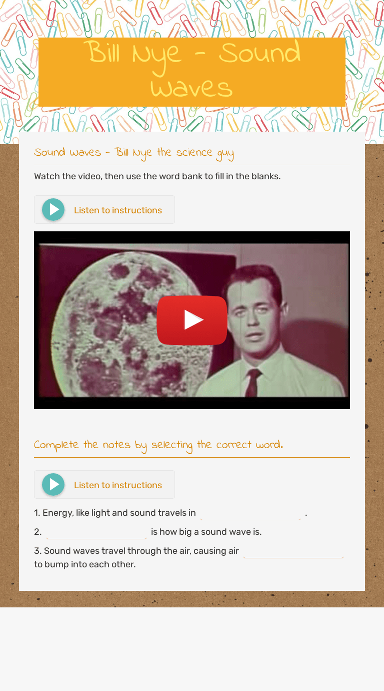 Bill nye the science guy: Bill Nye Sound Waves Interactive Worksheet By Maria Jose Montoya Mejia Wizer Me