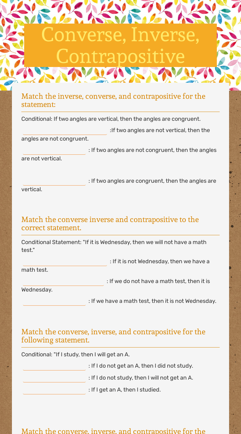 1) if an angle is a right angle, then it measures 90 degrees. Converse Inverse Contrapositive Interactive Worksheet By Cynthia Rodriguez Wizer Me