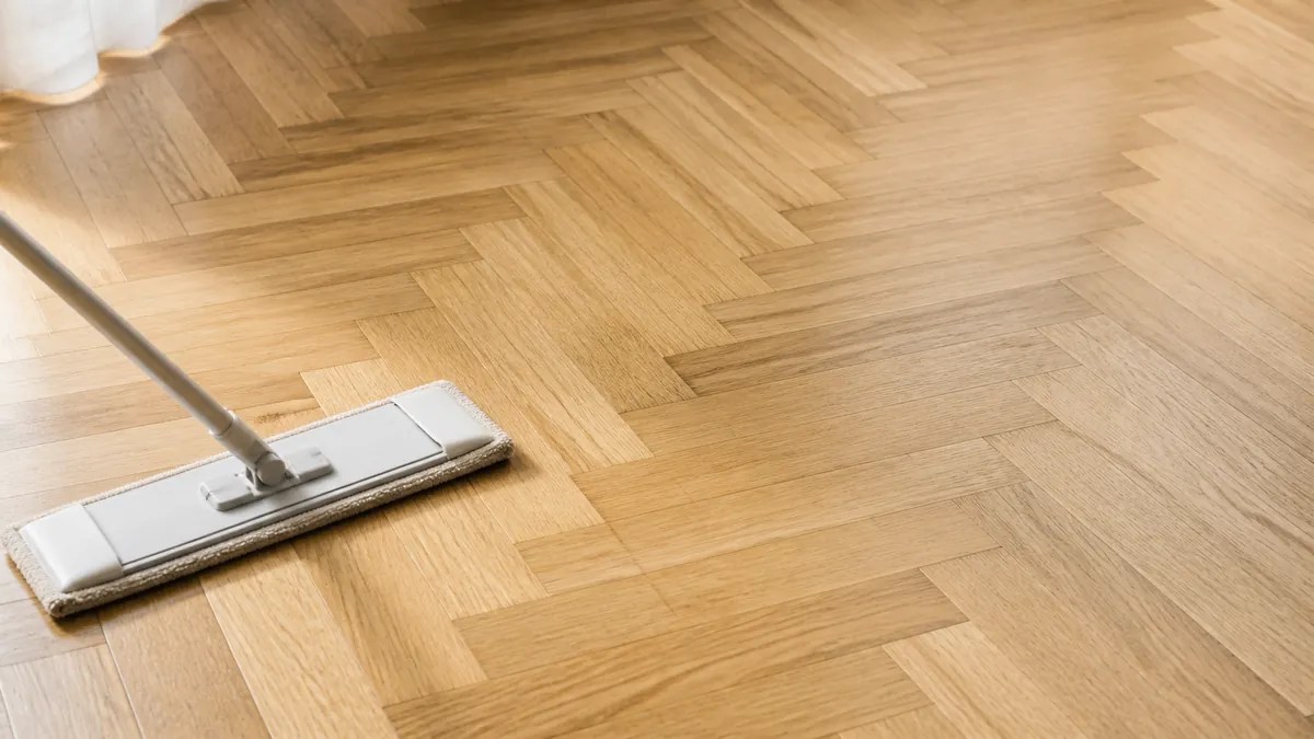 Cleaning herringbone parquet flooring with a microfibre mop