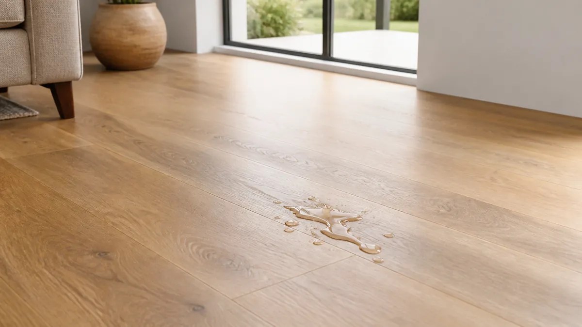 Water droplets on engineered hardwood flooring