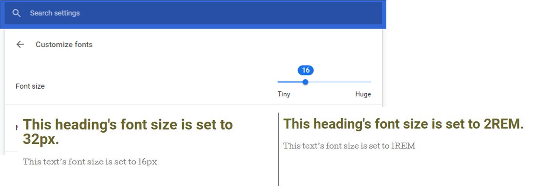 Image showing pixel to REM comparison if Chrome font size is 16