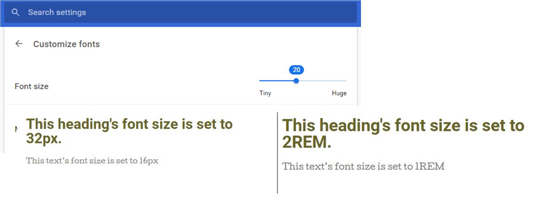 Image showing pixel to REM comparison if Chrome font size is 20