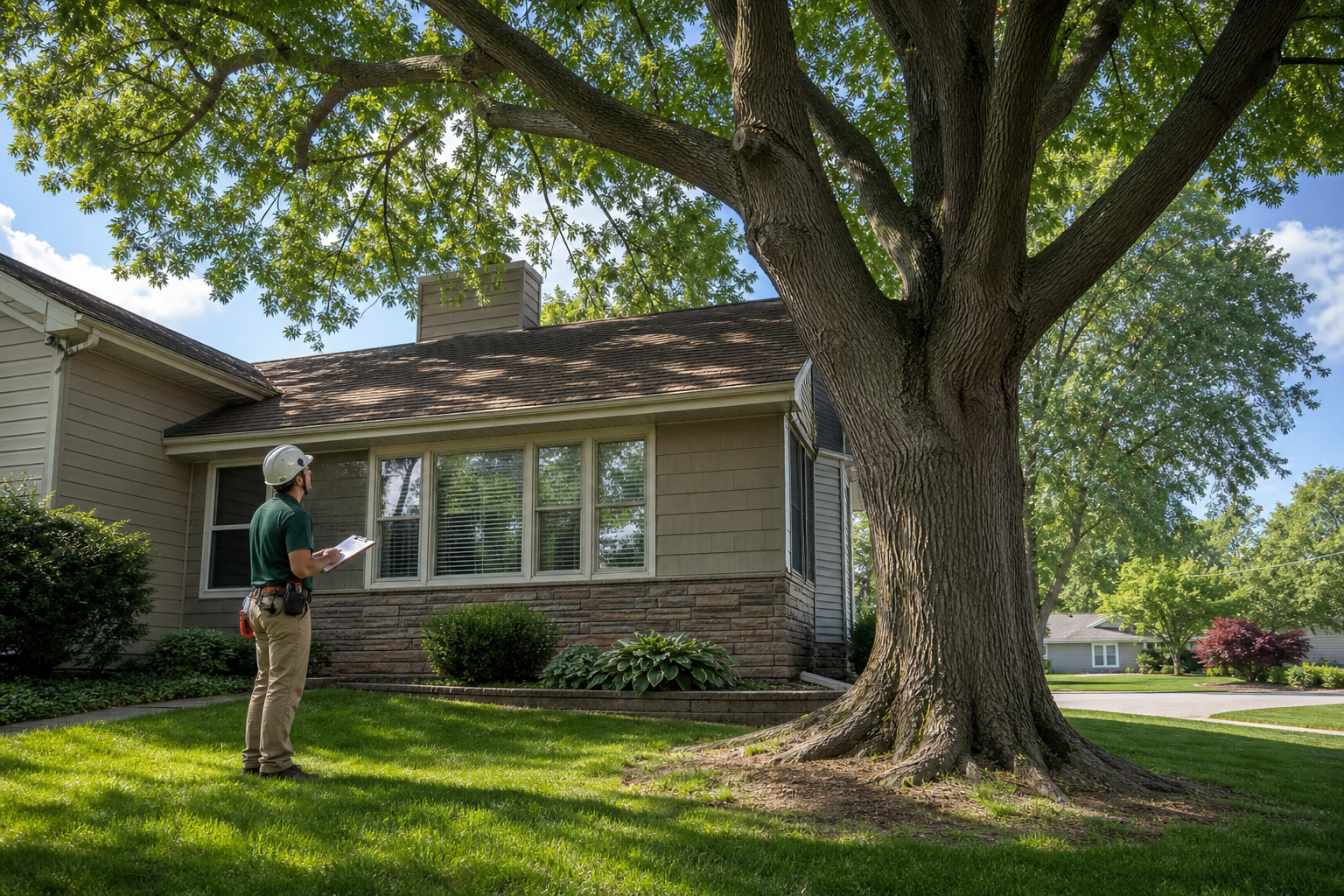 Arborist assessing tree too close to house in Minnesota