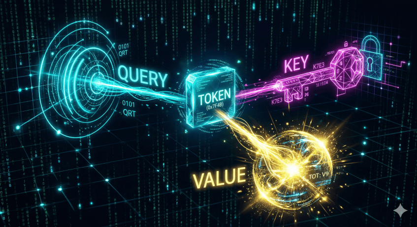 A digital illustration depicting a data processing concept with labeled elements: Query, Token, Key, and Value, featuring glowing lines and binary code in a dark background.