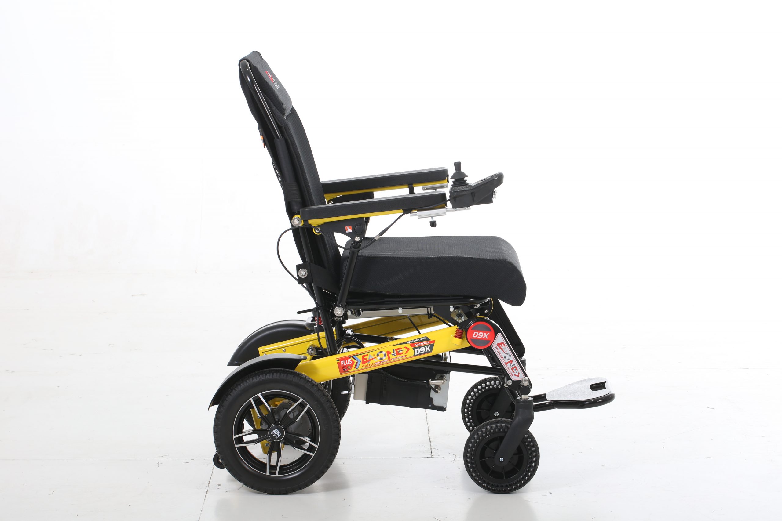 2024 EAONE D9X PRO, ONE CLICK AUTOMATIC FOLDING LIGHTWEIGHT MOTORIZED ELECTRIC WHEELCHAIR, 500W MOTORS, HEAVY-DUTY, PORTABLE ELECTRIC WHEELCHAIR (21.5” SEAT WIDTH) ( Yellow and Black)