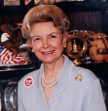 Phyllis Schlafly wearing ERA button