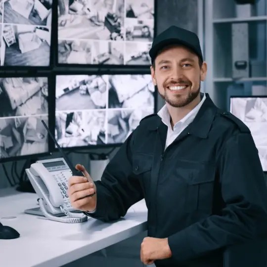 Officer smiling behind computers.
