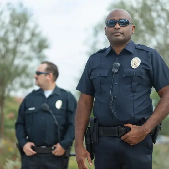 Officers standing representing security guard firms.