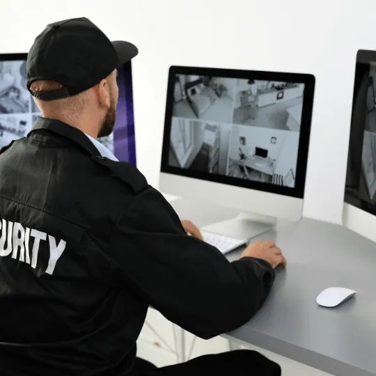 An officer on a computer performing security officer service.