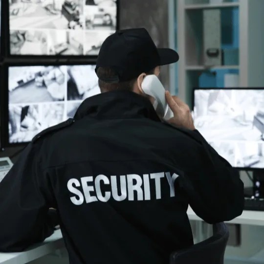 Commercial security guard looking at cameras.