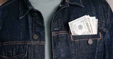 crop man with dollar banknotes in pocket of jacket