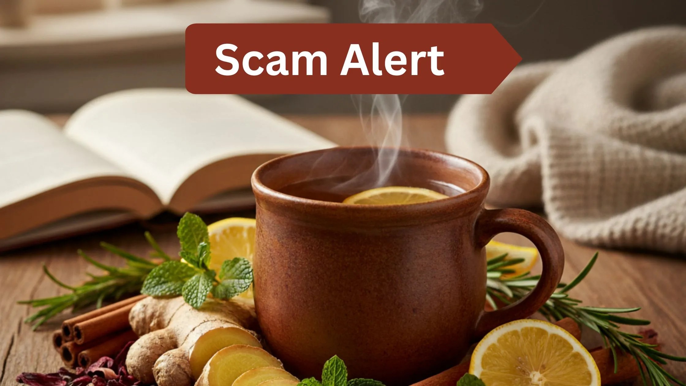 Cardio Slim Tea in a cup with fresh herbs like ginger, hibiscus, and cinnamon on a wooden table – natural herbal tea for heart health and weight loss.