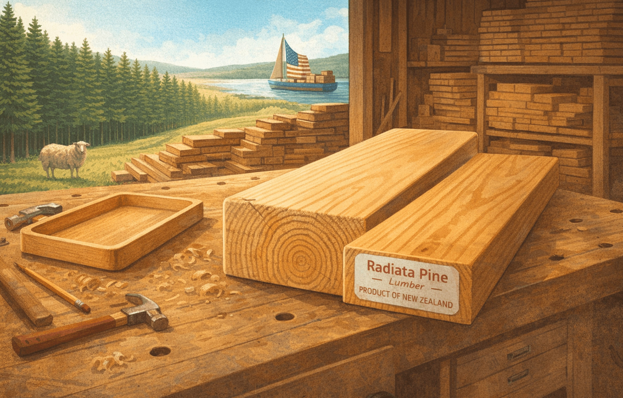 AI illustration showing radiata boards in a workshop