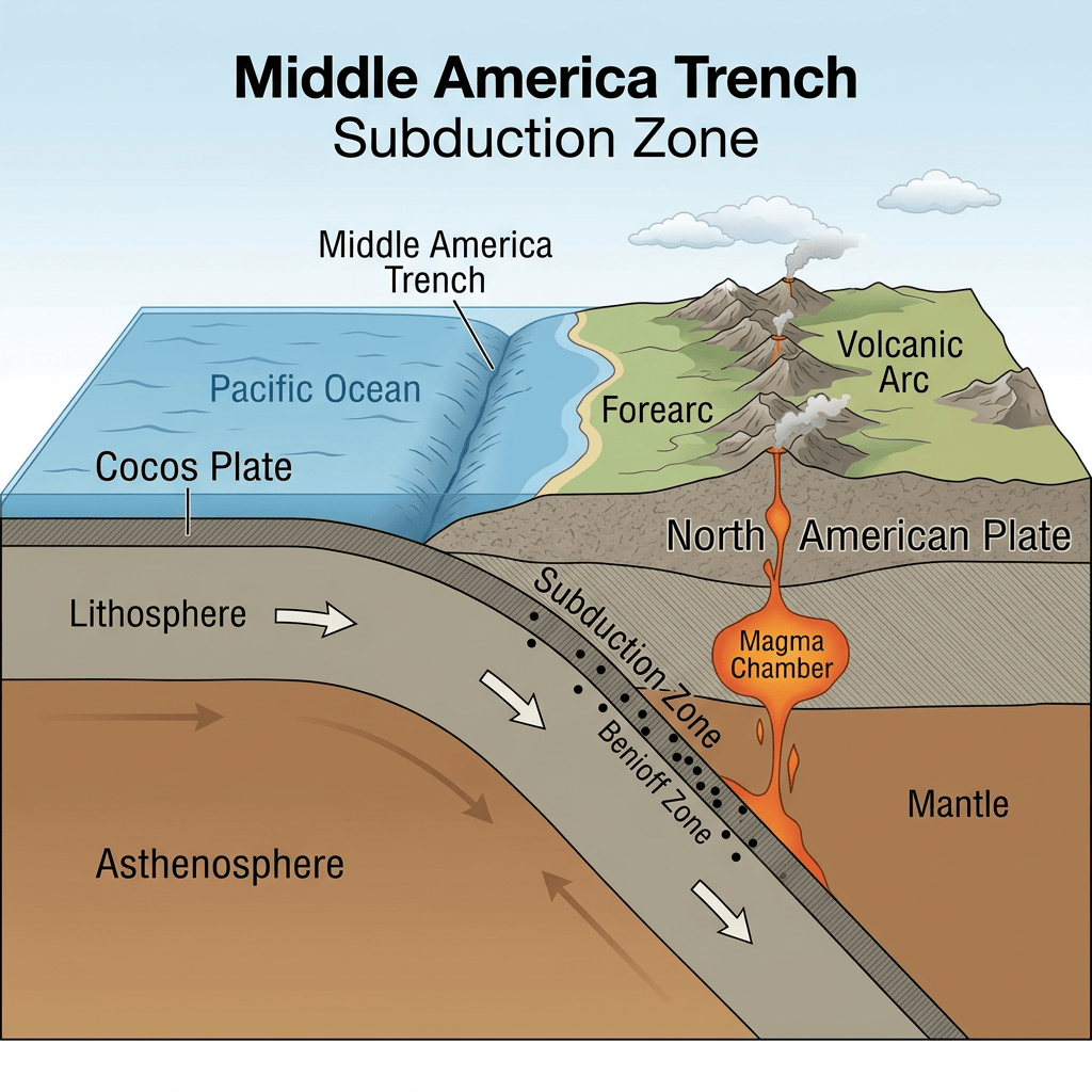 Cross-section of Middle America Trench subduction zone showing Cocos Plate, North American Plate, magma chamber, volcanic arc, and mantle.
