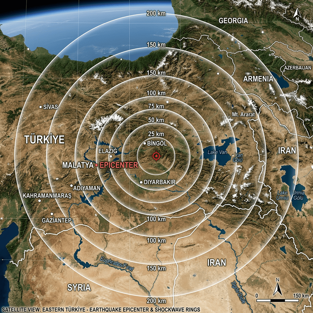 Satellite map of Eastern Türkiye and surrounding countries with earthquake epicenter near Bingöl and concentric shockwave rings