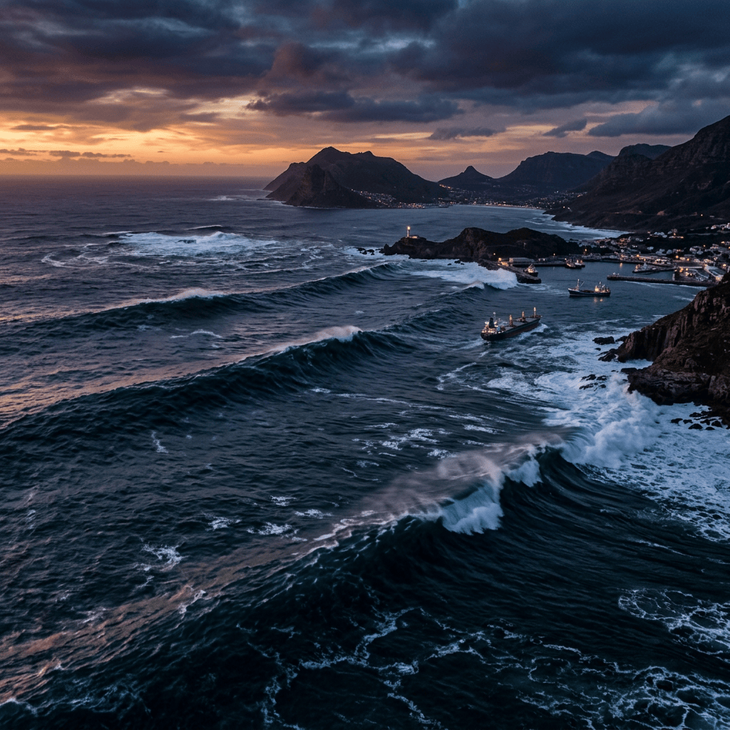 Large waves rolling towards a coastal town with ships anchored near cliffs at sunset.