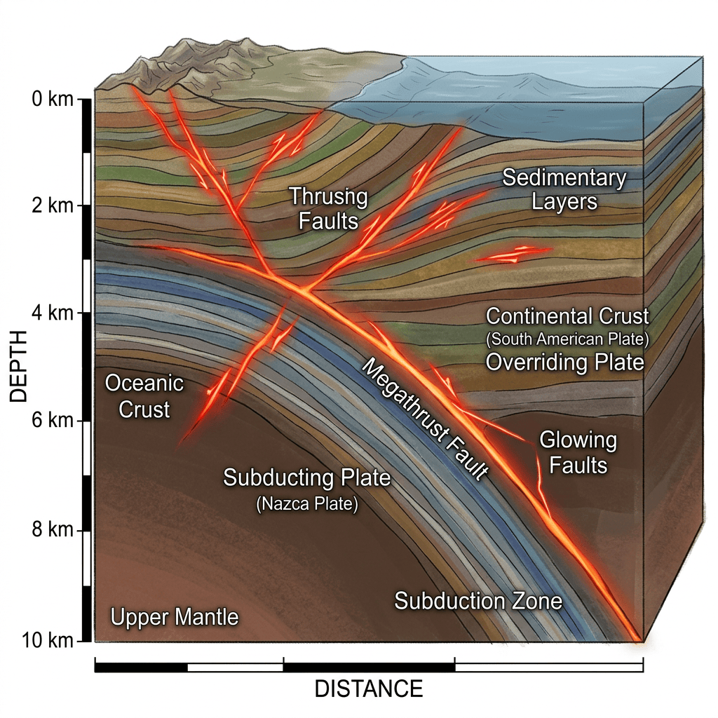 Cross-section of subduction zone with oceanic and continental crust, glowing faults, and labeled tectonic plates