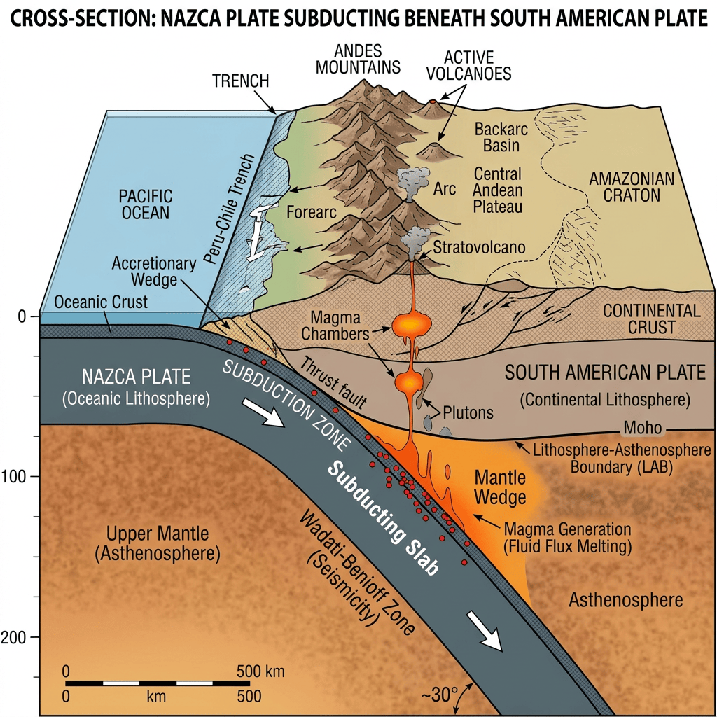 Cross-section showing Nazca Plate subducting beneath South American Plate with trench, magma chambers, volcanoes, mantle wedge, and lithosphere details