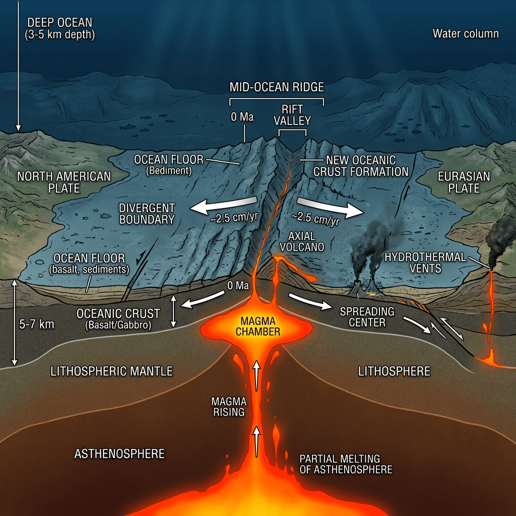 Diagram of mid-ocean ridge with magma chamber, tectonic plates, and ocean floor features