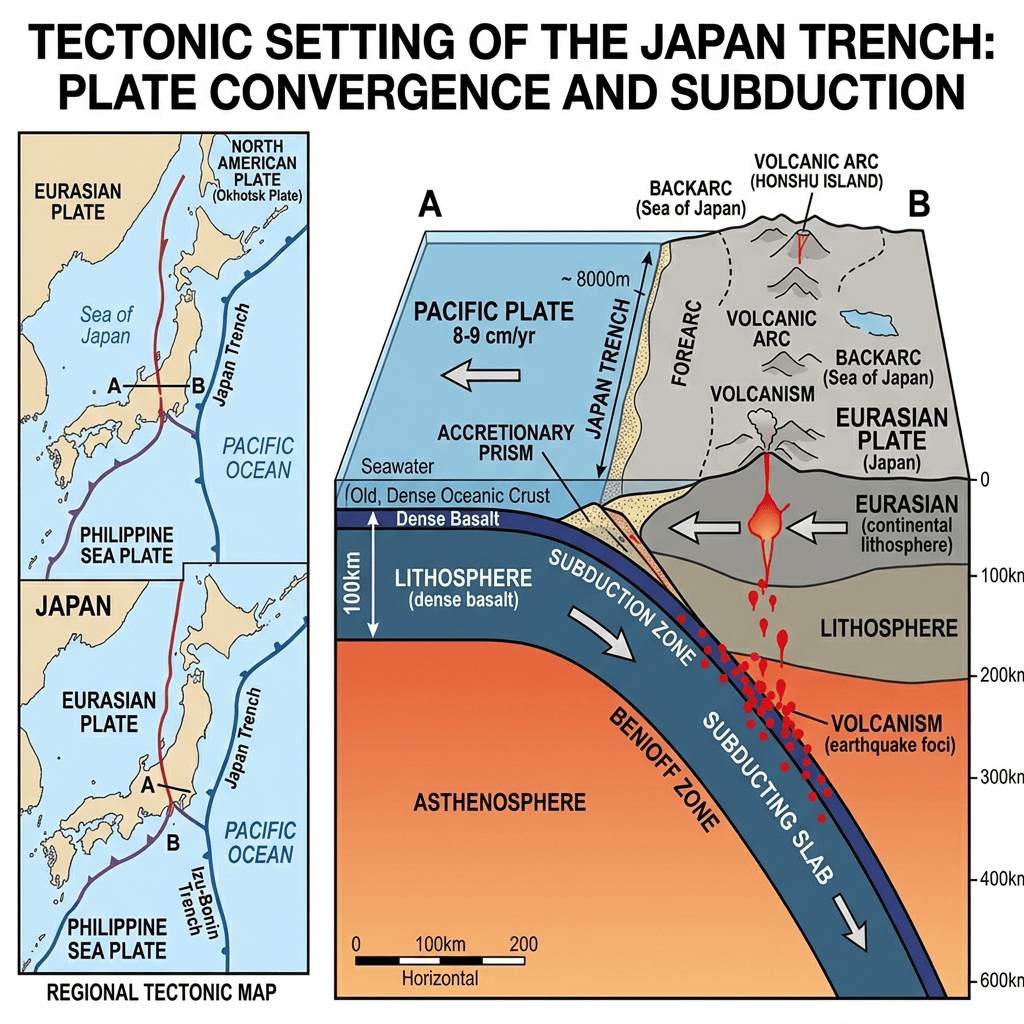 Cross-sectional diagram of plate subduction at Japan Trench showing Pacific Plate, Eurasian Plate, volcanic arc, and subduction zone.
