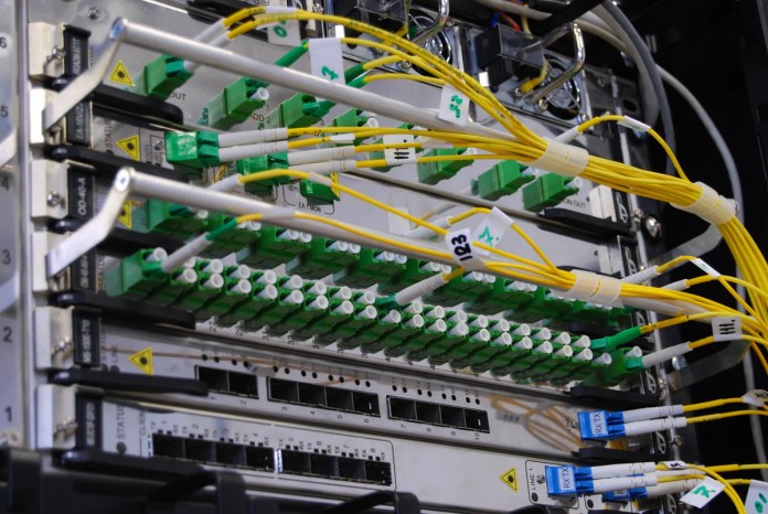 Close-up of high density cabling on a GPU rack