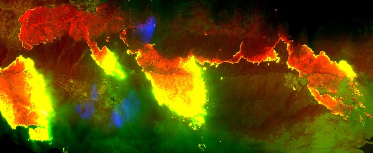An aerial infrared photo of the fire edge near Jindabyne in January, 2003. Philip Zylstra, Author provided