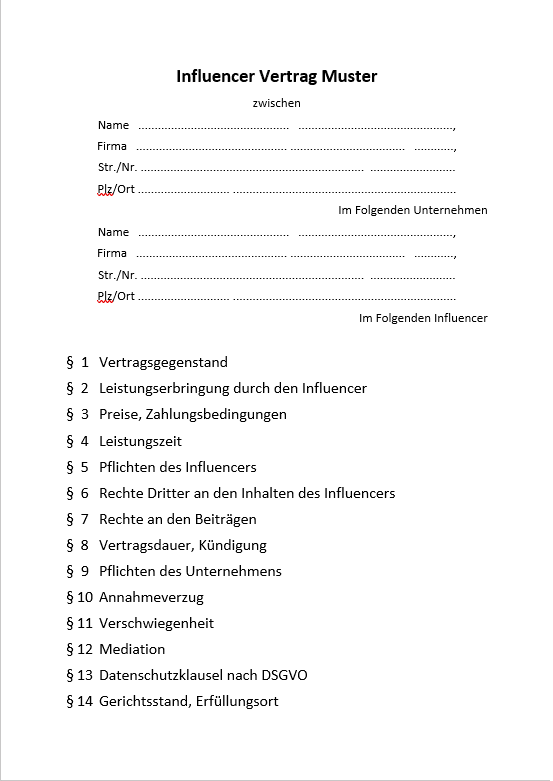 Unser muster ist ein formular mit dessen hilfe die sog. Influencer Vertrag Muster Fur Unternehmer 2021