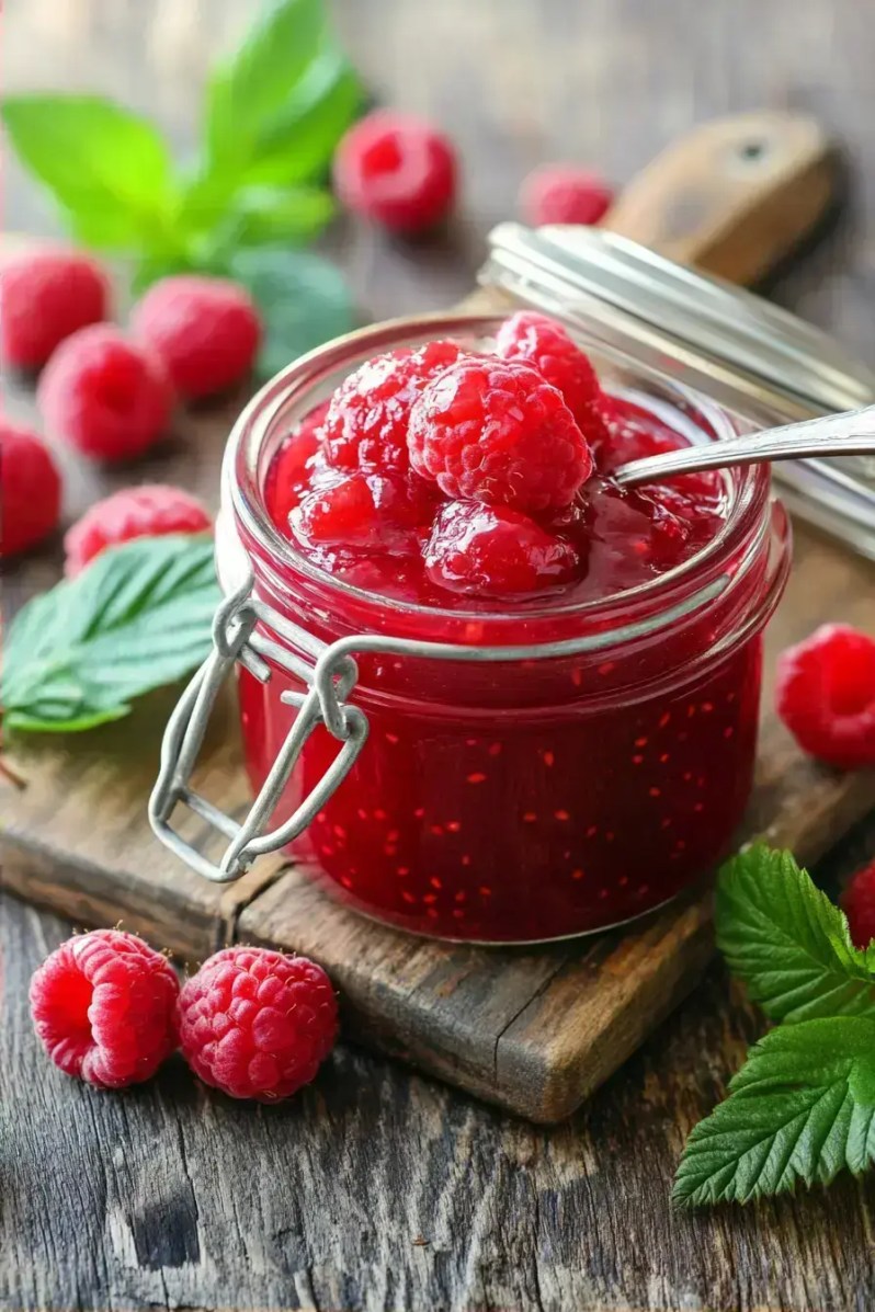 Homemade seedless raspberry jam simmering in a copper pot