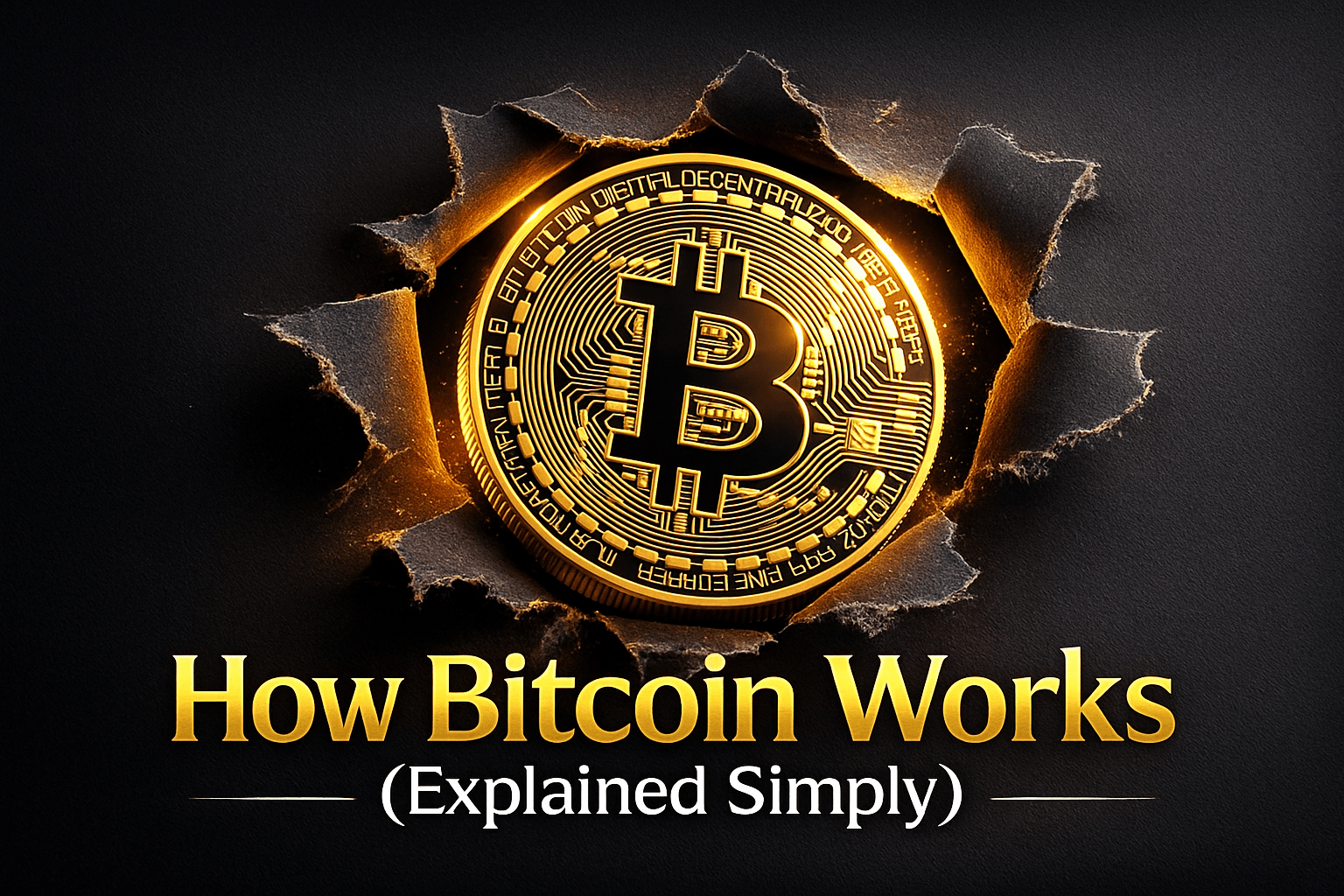 Gold Bitcoin coin breaking through a torn black background representing how Bitcoin works and the foundational technology behind the blockchain