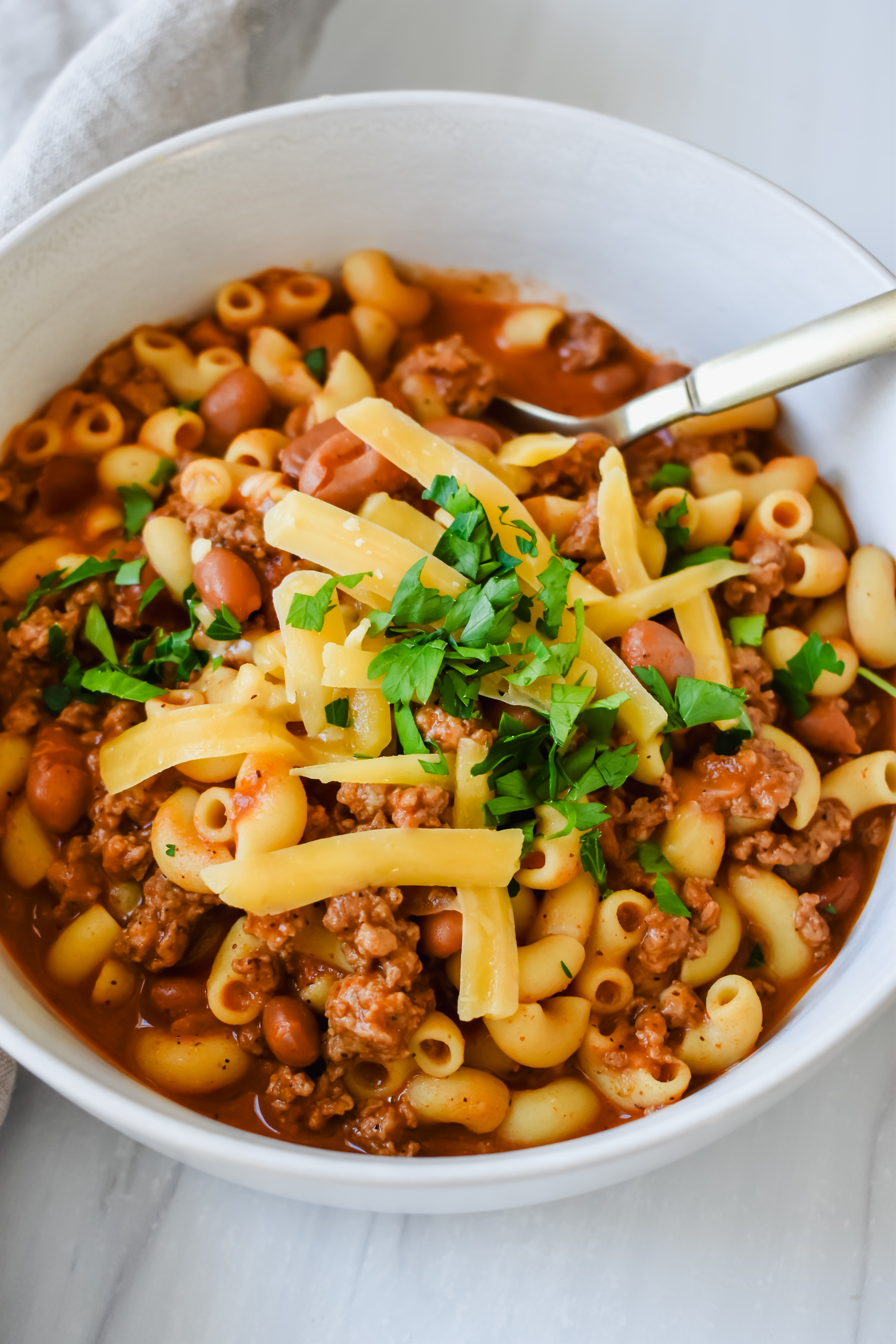 This is a close up of my easy and healthy chili mac using chickpea pasta 