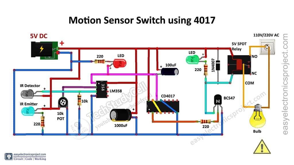 Motion Sensor Light Switch Using Cd4017 Ir With Circuit