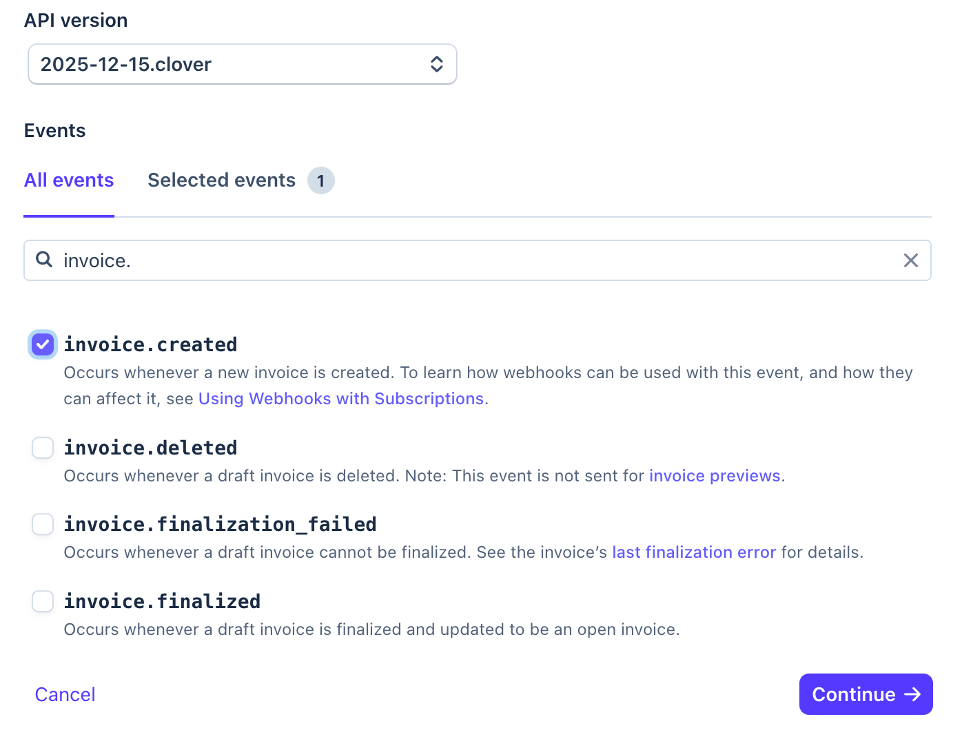Stripe webhook setup: choosing events