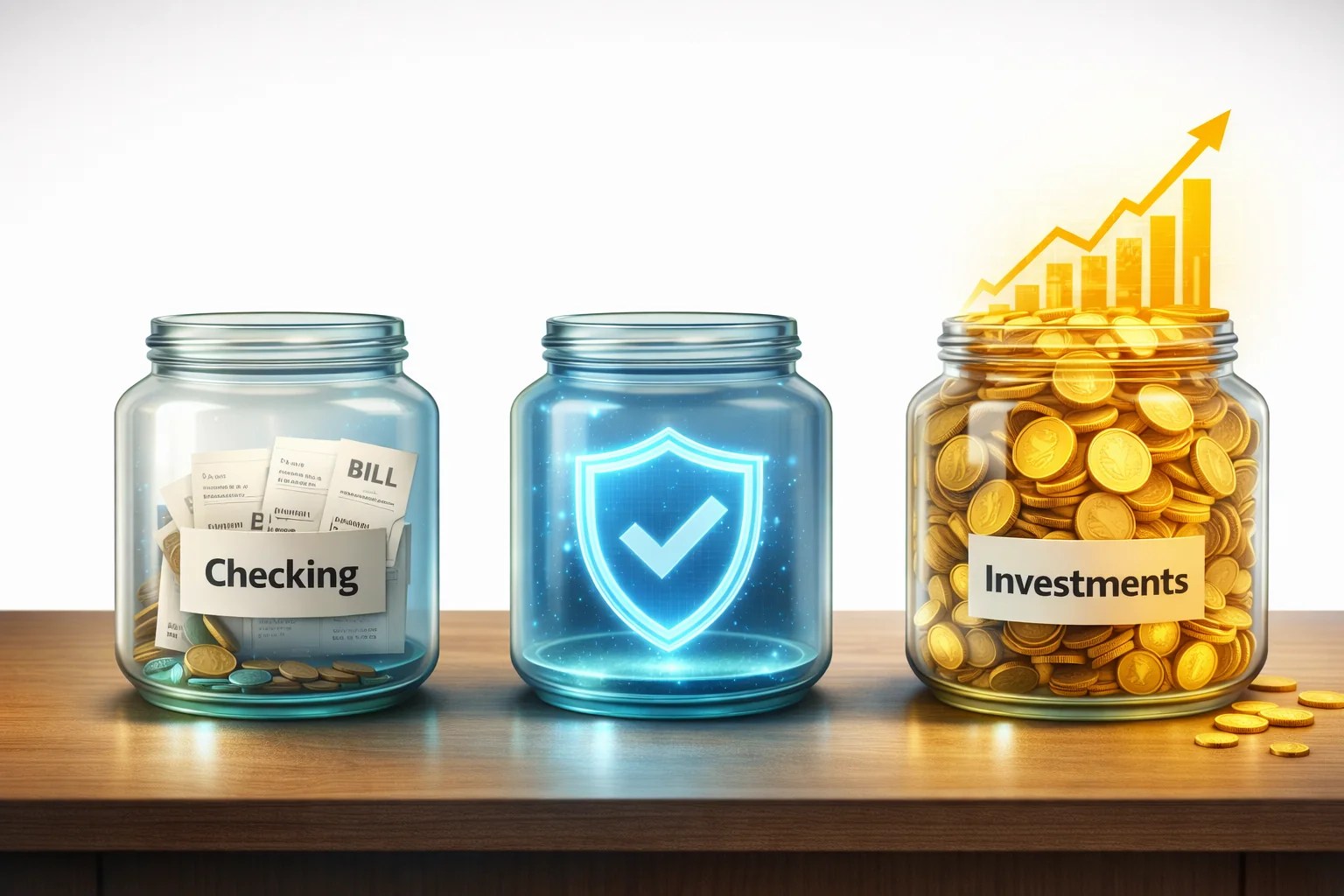 An illustration of the 3-pocket money system showing a checking account, an emergency fund, and a long-term investment account.