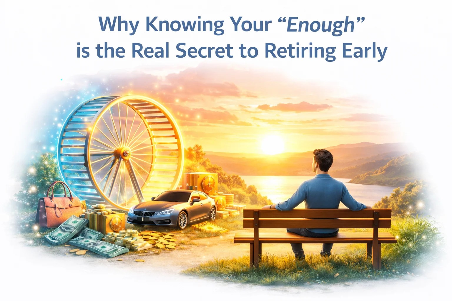 3D illustration of a peaceful investor ignoring the rat race and luxury items, representing the concept of having enough money and true wealth.