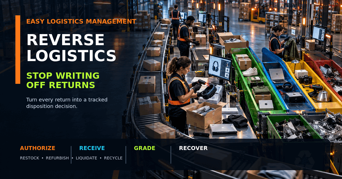 Warehouse team scanning and grading ecommerce returns through a reverse logistics disposition workflow.
