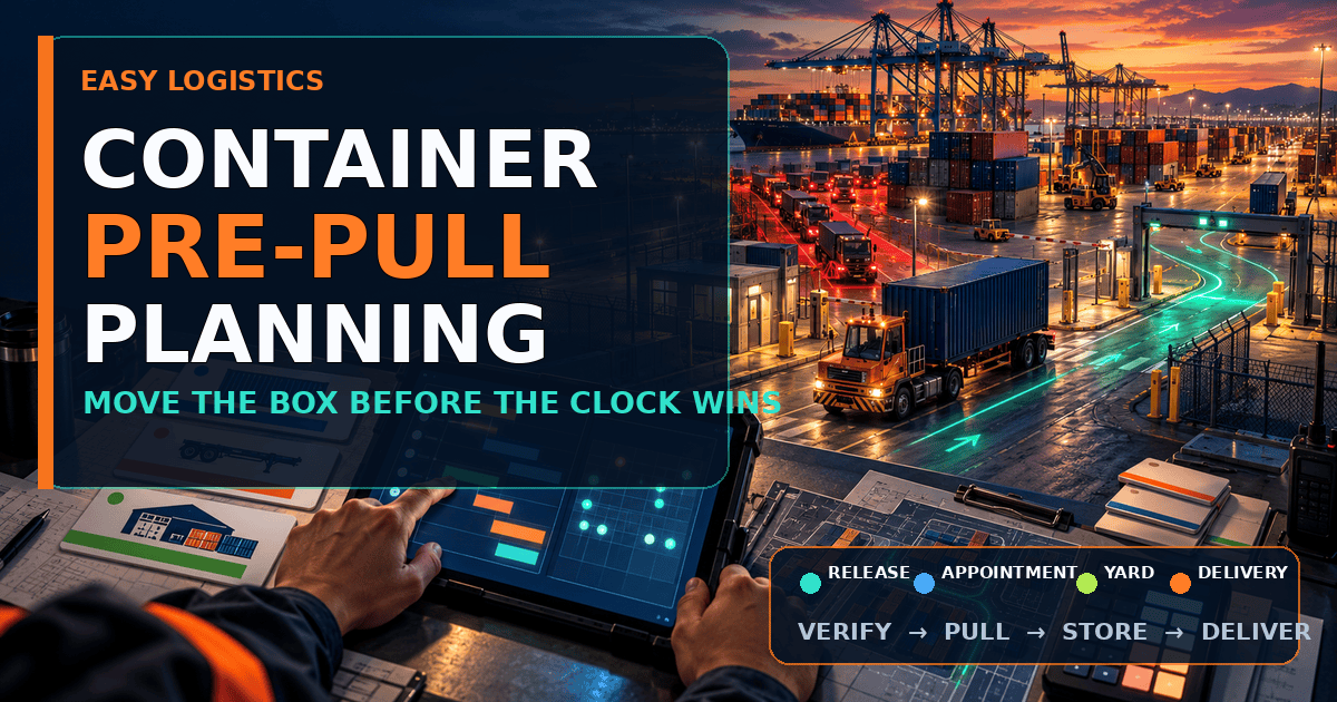 Container pre-pull planning at a busy port with drayage truck, terminal appointments, yard handoff and delivery workflow