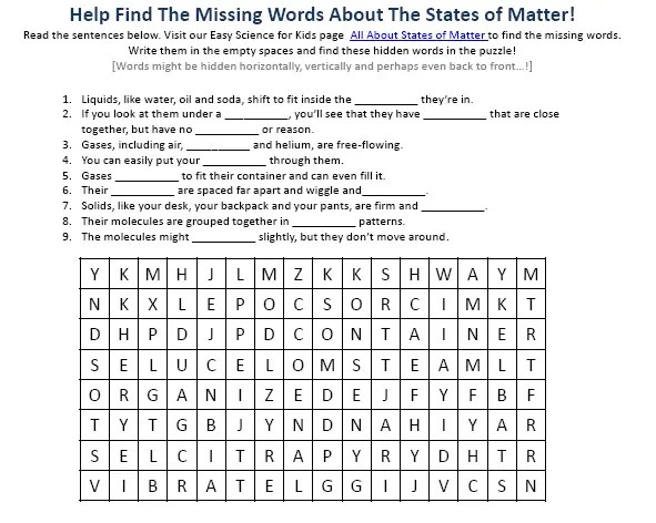 states of matter science facts worksheet image easy