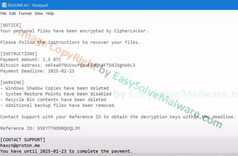 Cipherlocker Ransomware infection screen captured by John M. from Texas on Feb 3, 2025